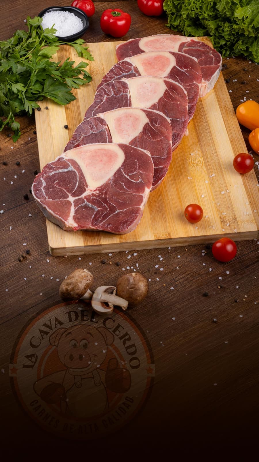 Ossobuco sobre tabla de madera, La Cava del Cerdo