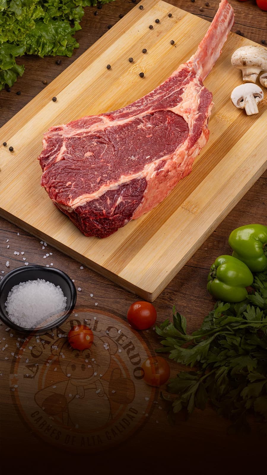 Tomahawk sobre tabla de madera, La Cava del Cerdo