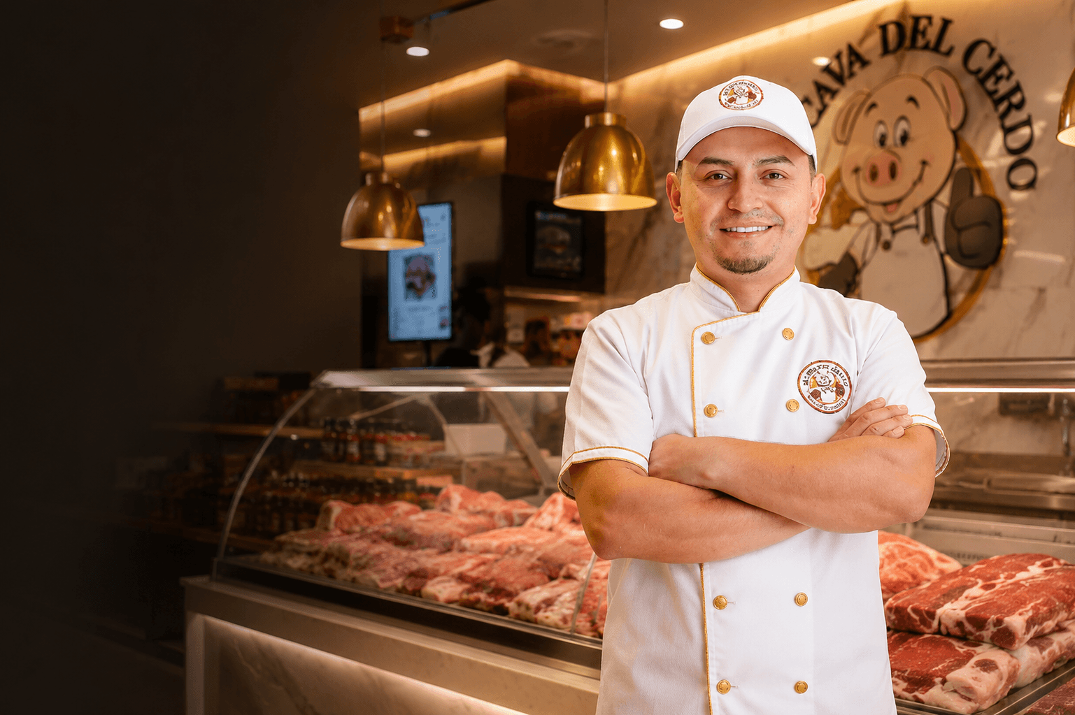 Colaborador de La Cava del Cerdo en la carnicería, junto a la vitrina de carnes frescas