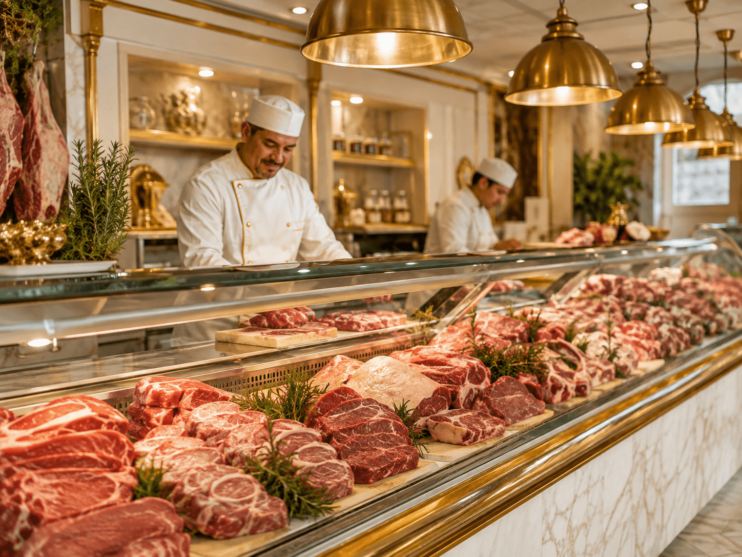 La Cava del Cerdo hoy: vitrina de carnes frescas y el equipo atendiendo
