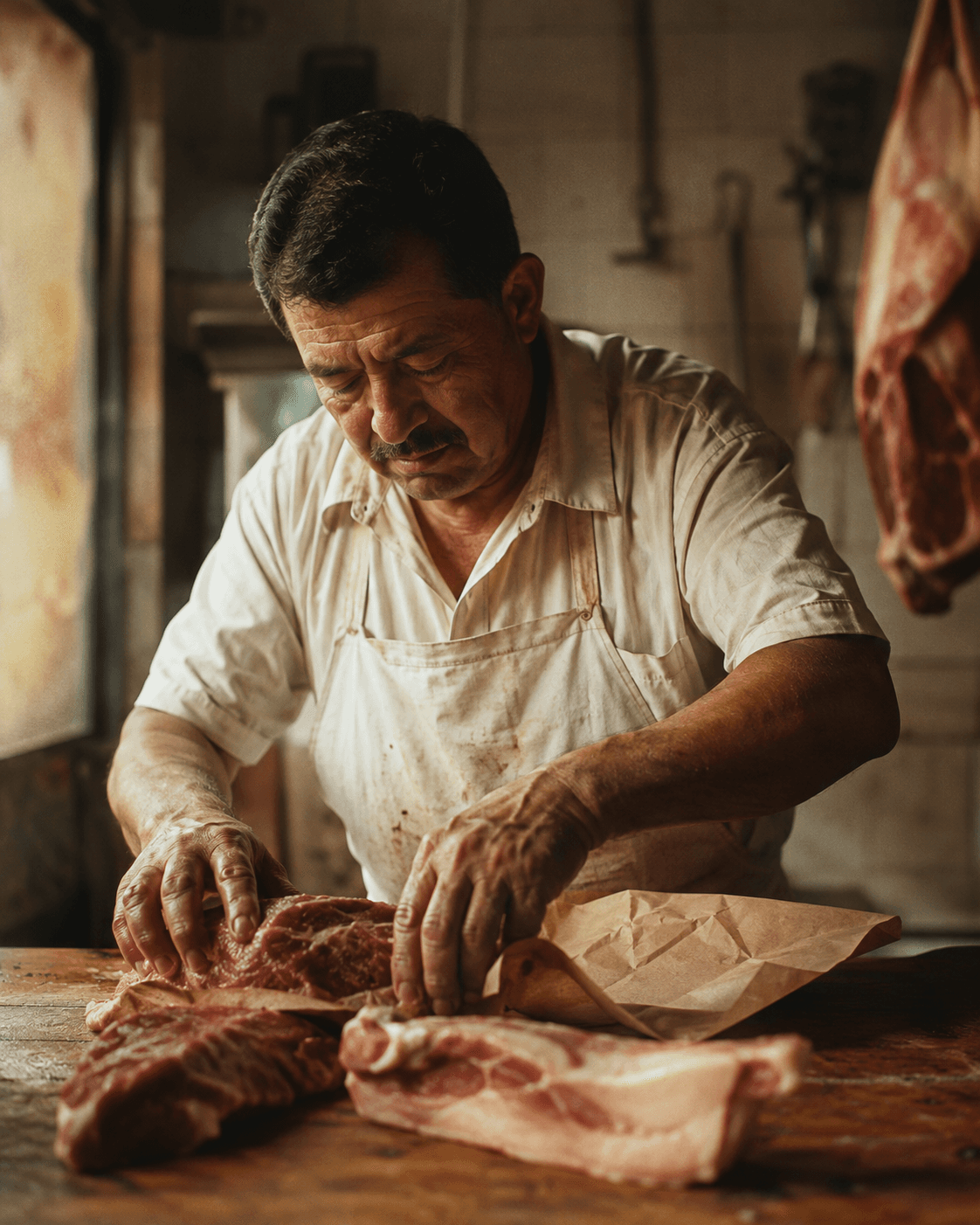 Los inicios de La Cava del Cerdo: carnicero preparando la carne con oficio